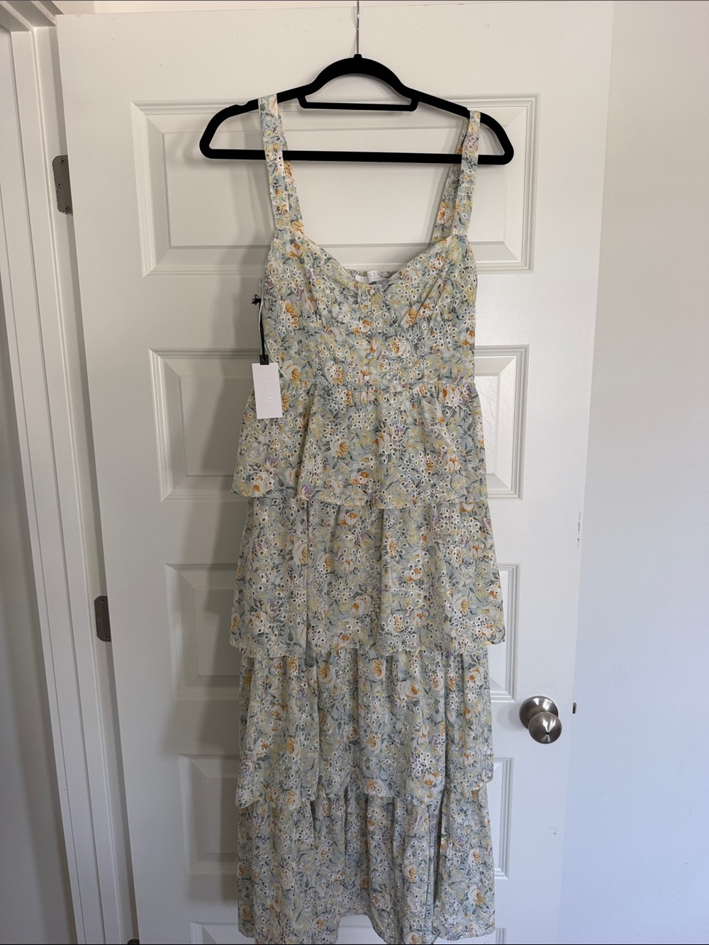 Astr The Label Tiered Midi Dress in Pale Blue Floral